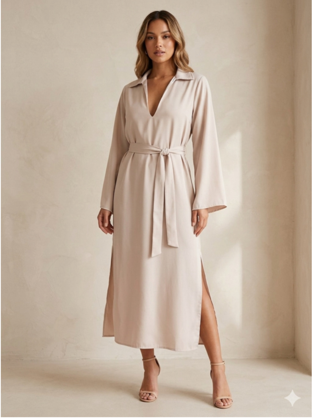 NASTY GAL Satin Back Crepe V-Neck Long Sleeve Midi Dress Champagne Beige SZ 8